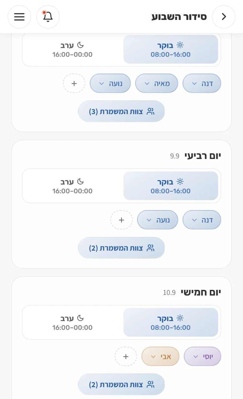 צילום מסך מהאפליקציה: הסידור השבועי בטלפון, יום רביעי ויום חמישי עם משמרות בוקר וערב ושמות העובדים המשובצים